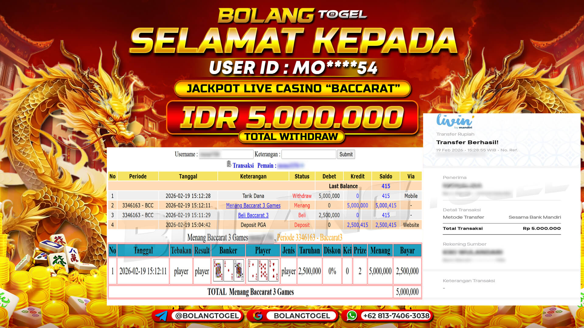 Bukti jackpot LIVE CASINO BACCARAT BOLANGTOGEL - gambar 1